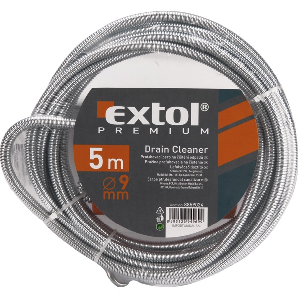 EXTOL PREMIUM lefolyócső tisztító, 3m, 9mm átmérő, kézi tekerővel, tisztító körömmel, (1,9mm drótból sodorva) [ 8859022 ]